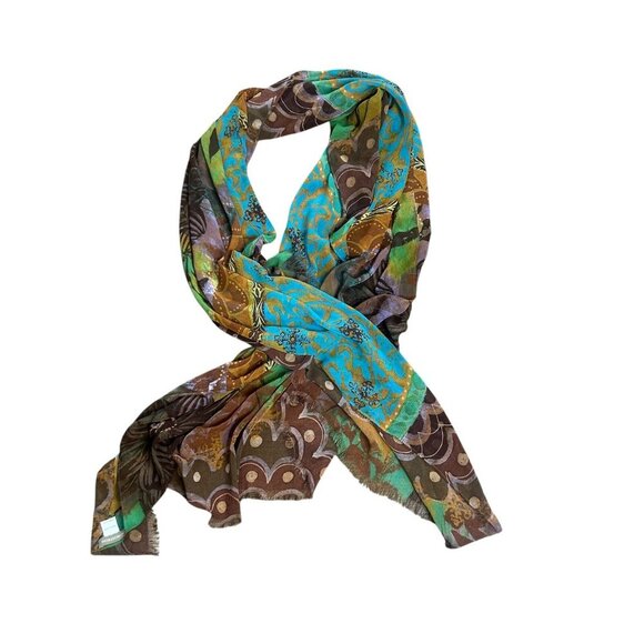 Nordstrom Colorful Teal Abstract Floral Print Chiffon Rectangular Scarf - Picture 1 of 6
